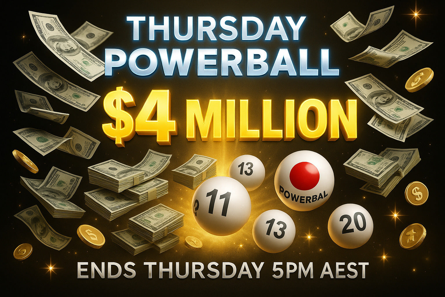 Promotional graphic for Thursday Powerball lottery with money and balls on a dark background
