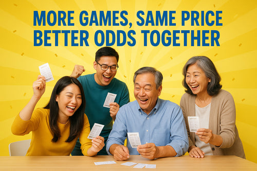 Four people playing cards together with a yellow background and text 'More games, same price. Better odds together'.