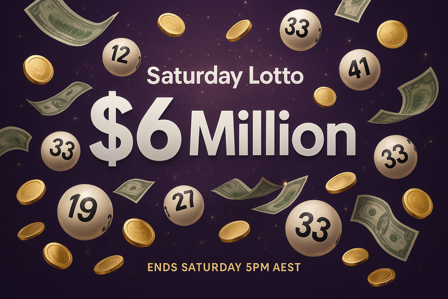 Promotional graphic for Saturday Lotto with numbers, money, and a purple background
