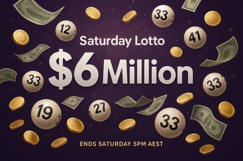 Promotional graphic for Saturday Lotto with numbers, money, and a purple background