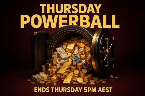 Advertisement for Thursday Powerball with an open gold vault and money, on a dark background.