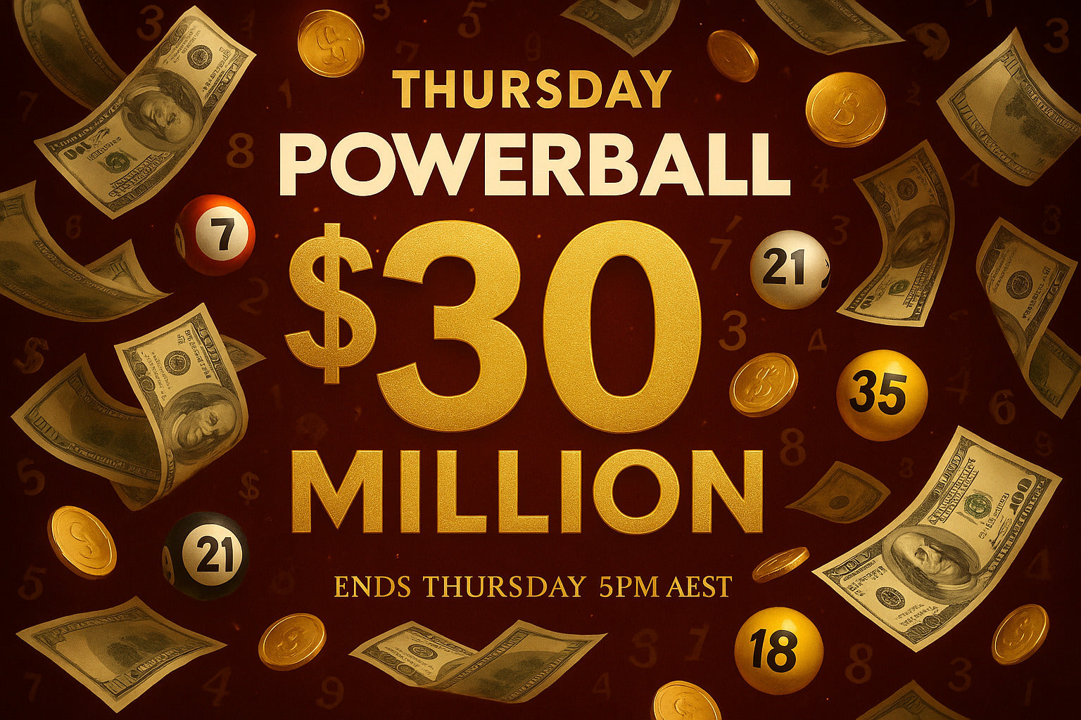 Promotional graphic for Thursday Powerball with money and numbers on a dark background