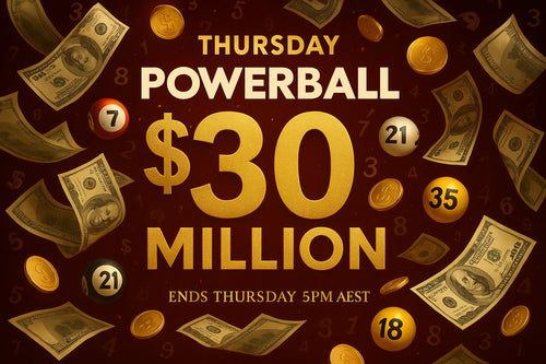 Promotional graphic for Thursday Powerball with money and numbers on a dark background
