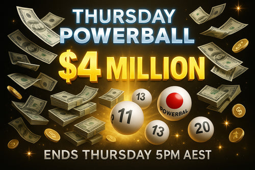 Promotional graphic for Thursday Powerball lottery with money and balls on a dark background