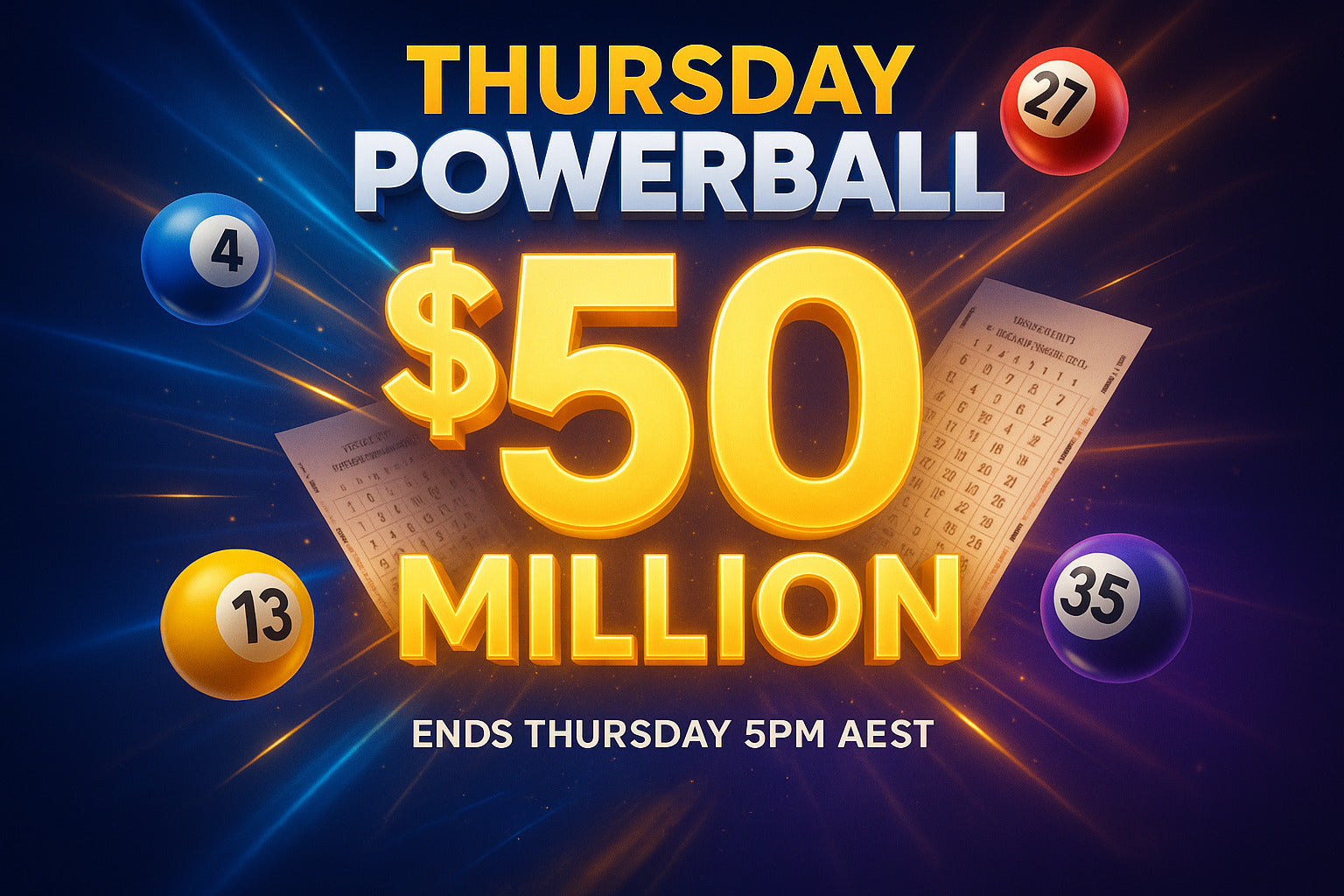 Promotional graphic for Thursday Powerball lottery with balls and text on a dark background