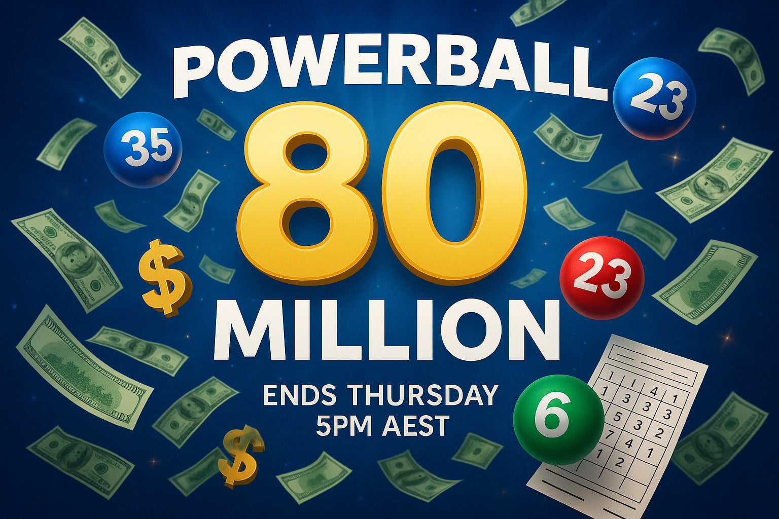 Promotional graphic for a Powerball lottery with numbers and money graphics on a blue background.
