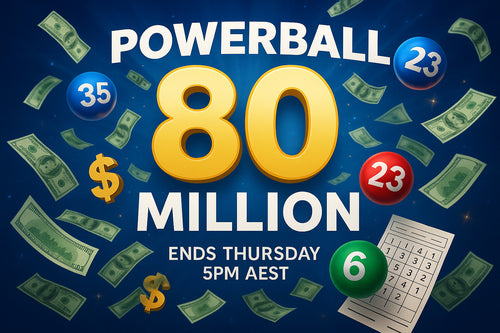 Promotional graphic for a Powerball lottery with numbers and money graphics on a blue background.