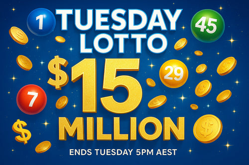 Promotional graphic for Tuesday Lotto with large numbers and coins on a blue background