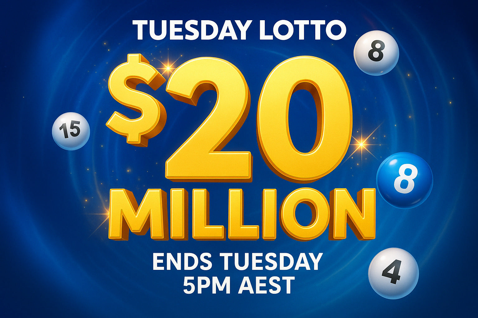 Promotional graphic for Tuesday Lotto with $20 million prize and end time details.