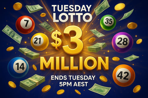 Promotional graphic for Tuesday Lotto with lottery balls and money on a dark blue background
